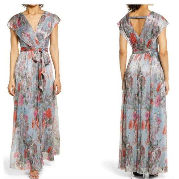 NWT Metallic Floral Drape Shoulder GownELIZA J SZ 0 - Picture 8 of 8